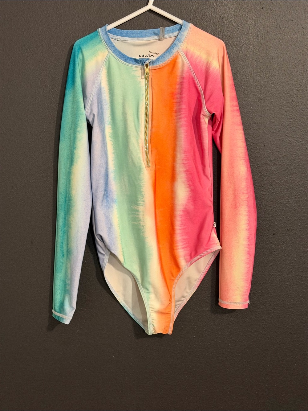 Molo Girl's Necky Vibrant Rainbow Tie-Dye Rashguard One-Piece Swimsuit size 12y